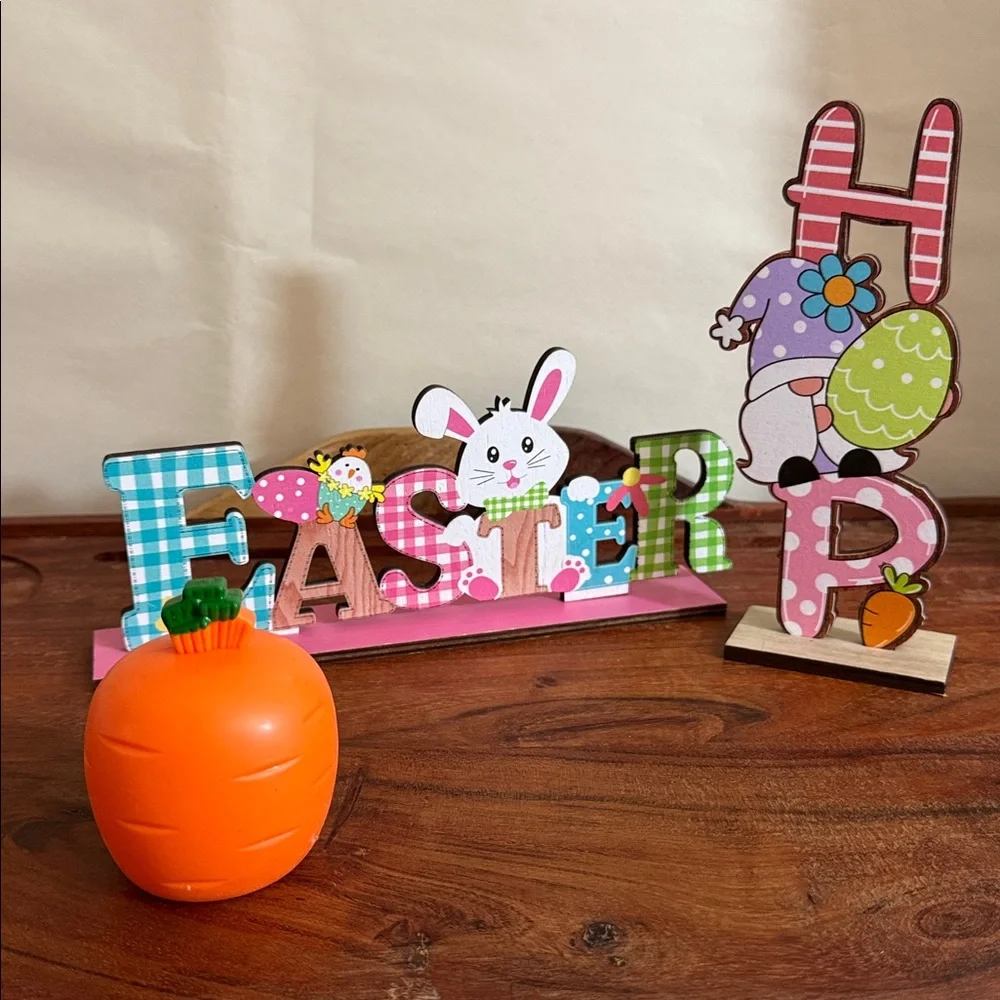 Easter Party Theme decoration 3 PC bundle Bunny & Gnome Sign Bunny Squeezed Toy